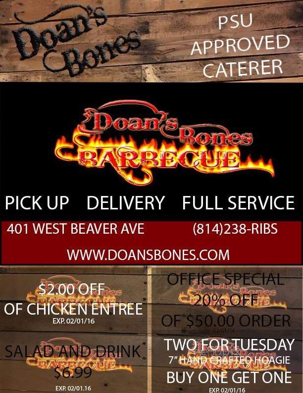 Doan's Bones Barbecue - State College, PA menu_pic