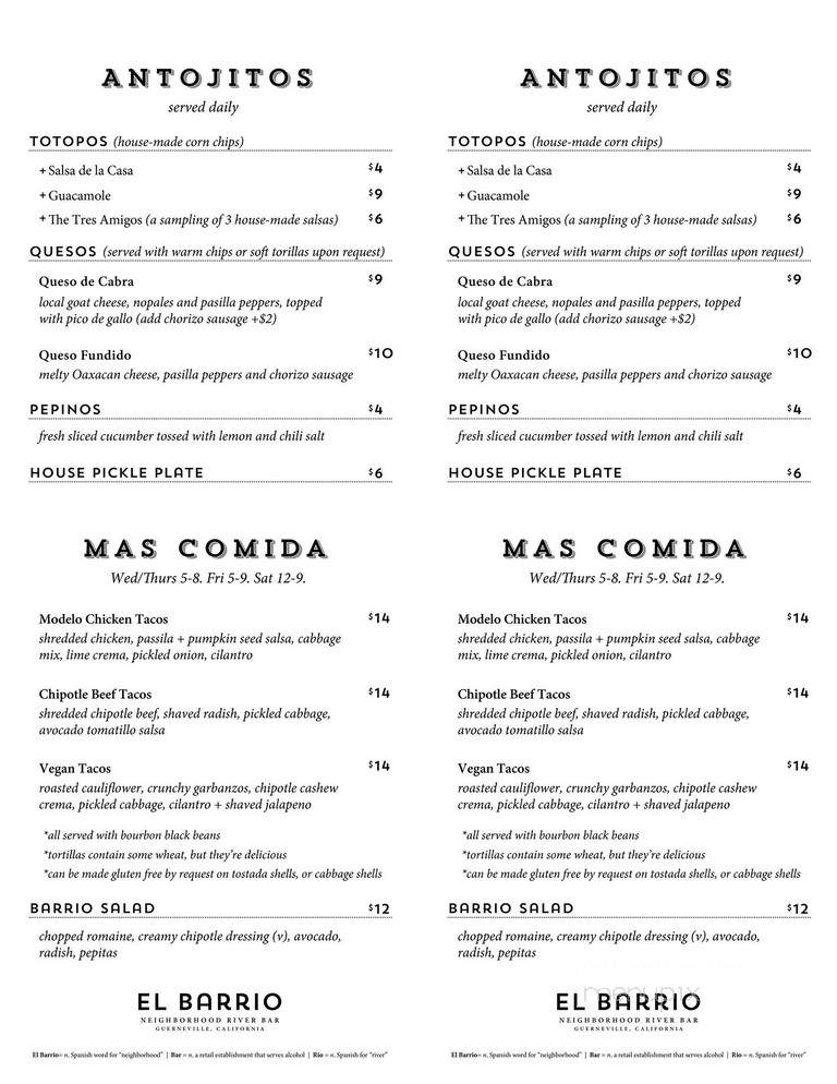 El Barrio - Guerneville, CA menu_pic