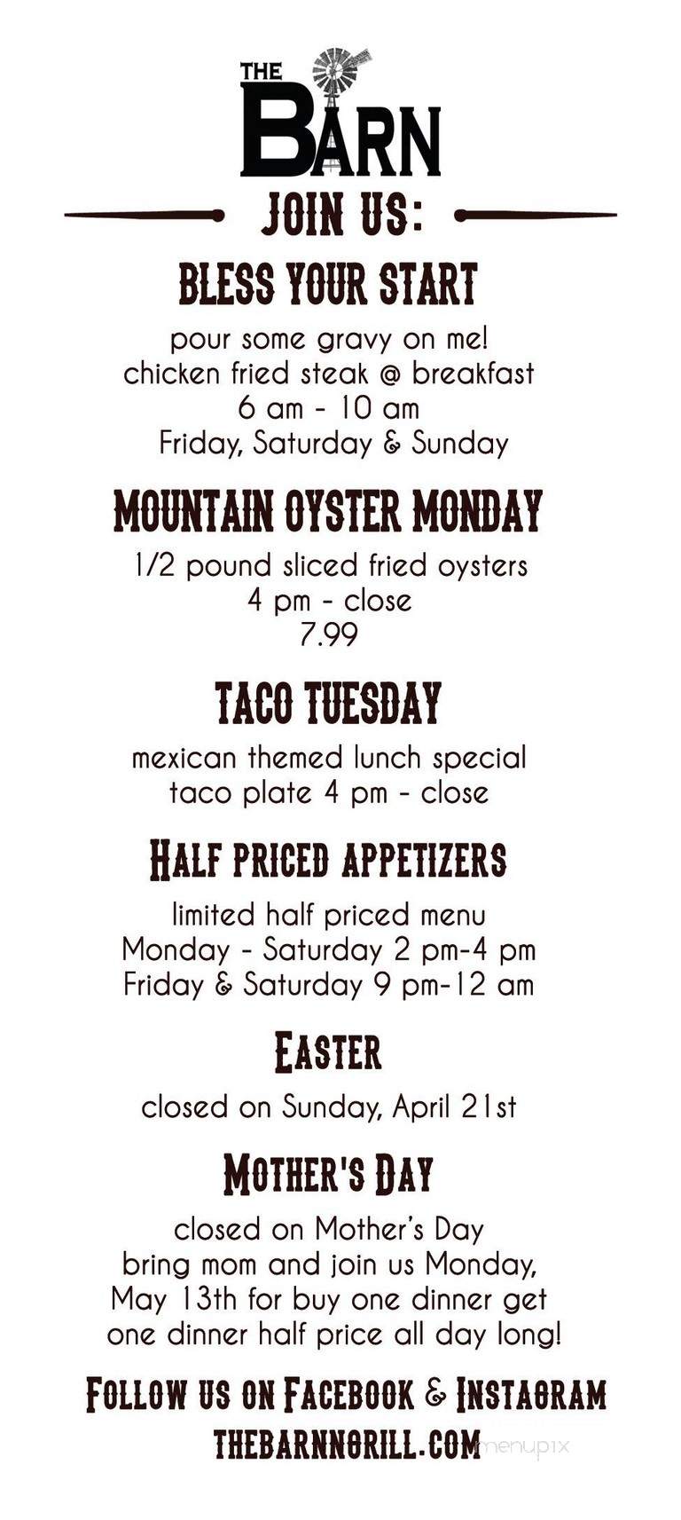 The Barn - Burrton, KS menu_pic