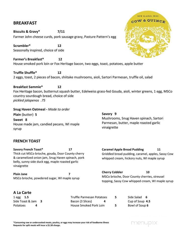 Cow & Quince - New Glarus, WI menu_pic