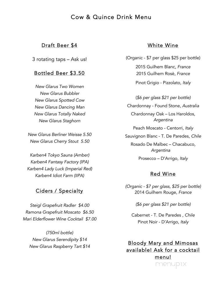 Cow & Quince - New Glarus, WI menu_pic