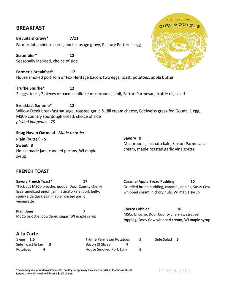 Cow & Quince - New Glarus, WI menu_pic