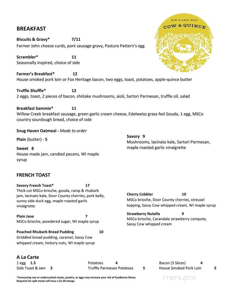 Cow & Quince - New Glarus, WI menu_pic