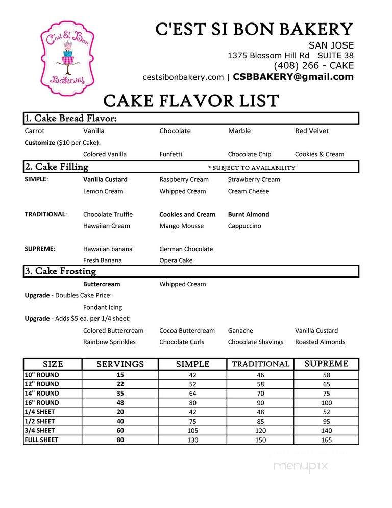C'est Si Bon Bakery - San Jose, CA menu_pic