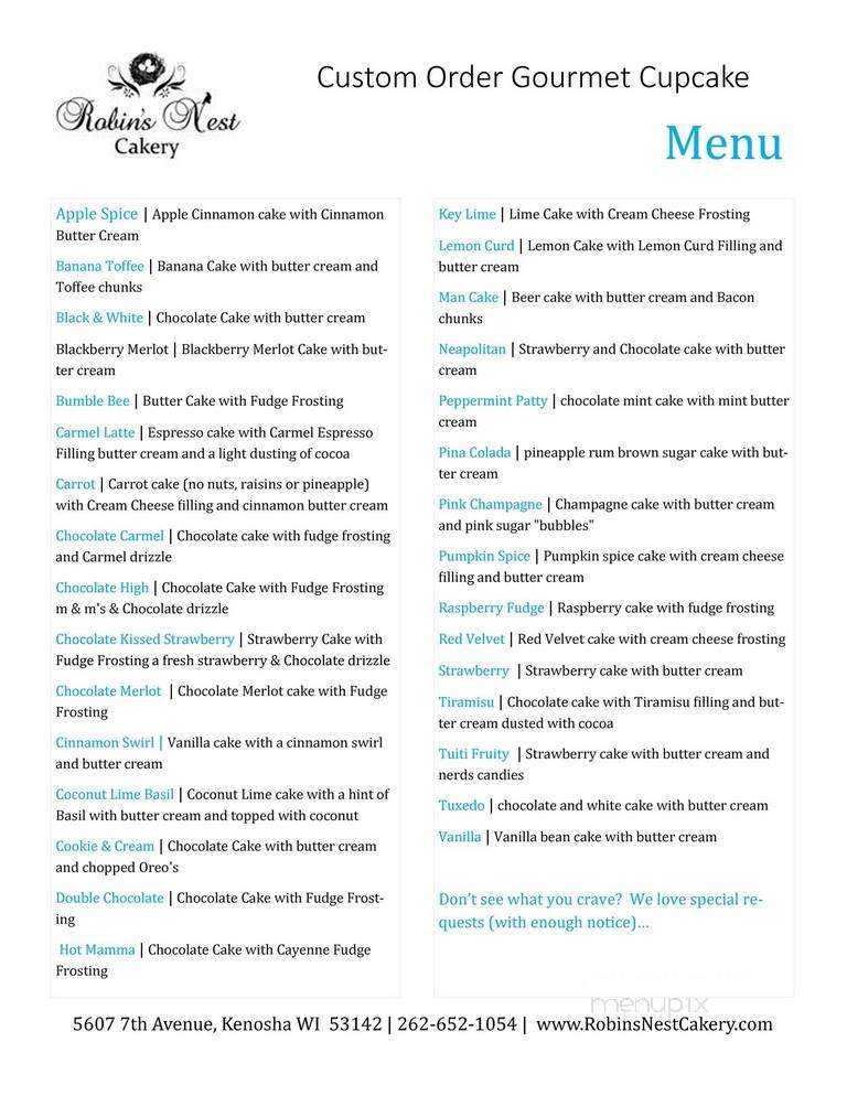 Robin's Nest Cakery - Kenosha, WI menu_pic