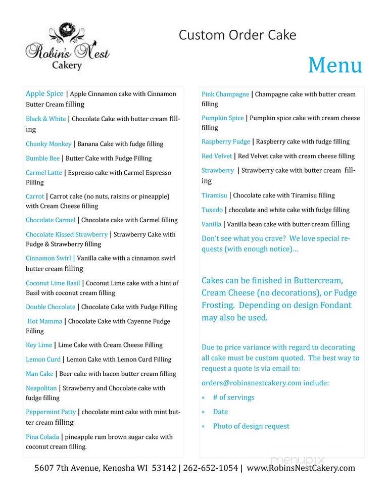Robin's Nest Cakery - Kenosha, WI menu_pic
