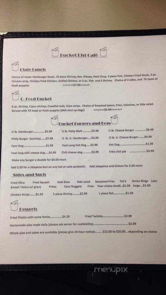 Bucket List Cafe - Center Ridge, AR menu_pic