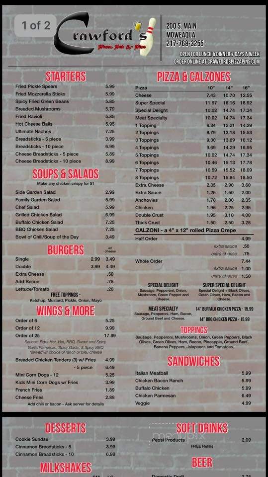 Crawfords Pizza Pub & Pins - Moweaqua, IL menu_pic
