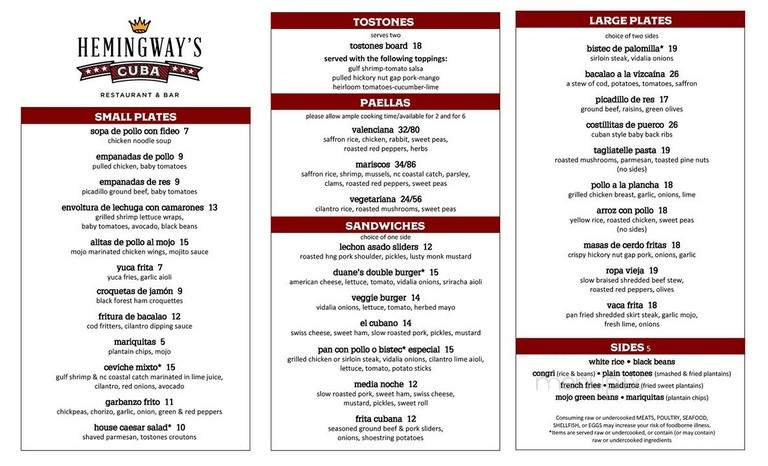 Hemingway's Cuba Restaurant & Bar - Asheville, NC menu_pic
