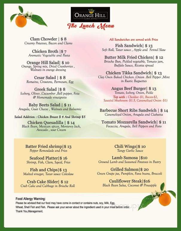 Orange Hill Global Bistro - Newburgh, NY menu_pic