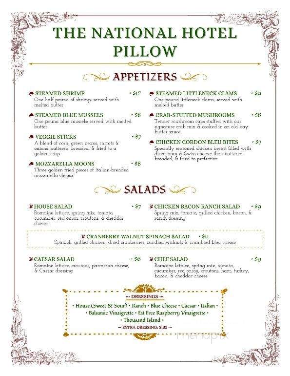 National Hotel Pillow - Pillow, PA menu_pic
