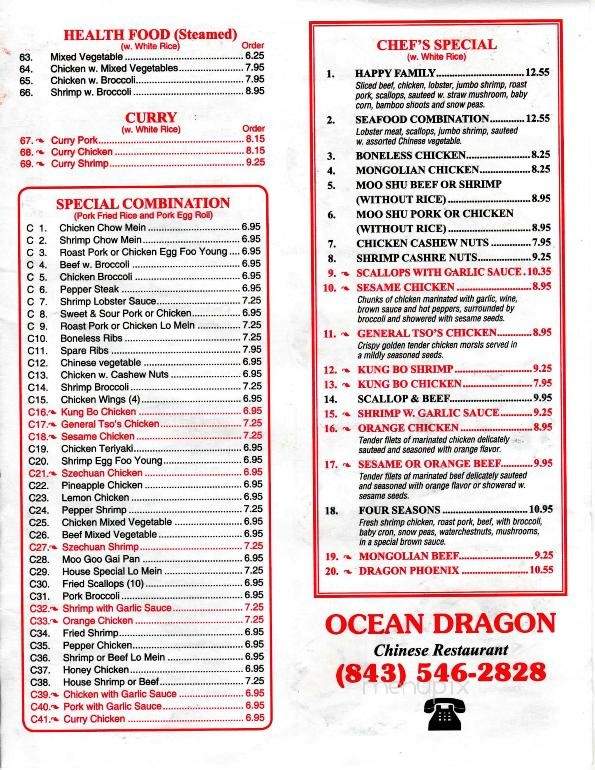 Menu of Ocean Dragon Chinese Restaurant in SC