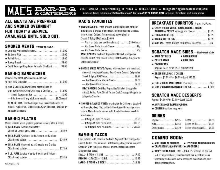 Mac's Bar-B-Q & Catering - Fredericksburg, TX menu_pic