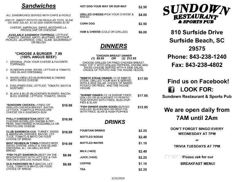 Sundown Restaurant & Sports Pub - Surfside Beach, SC menu_pic