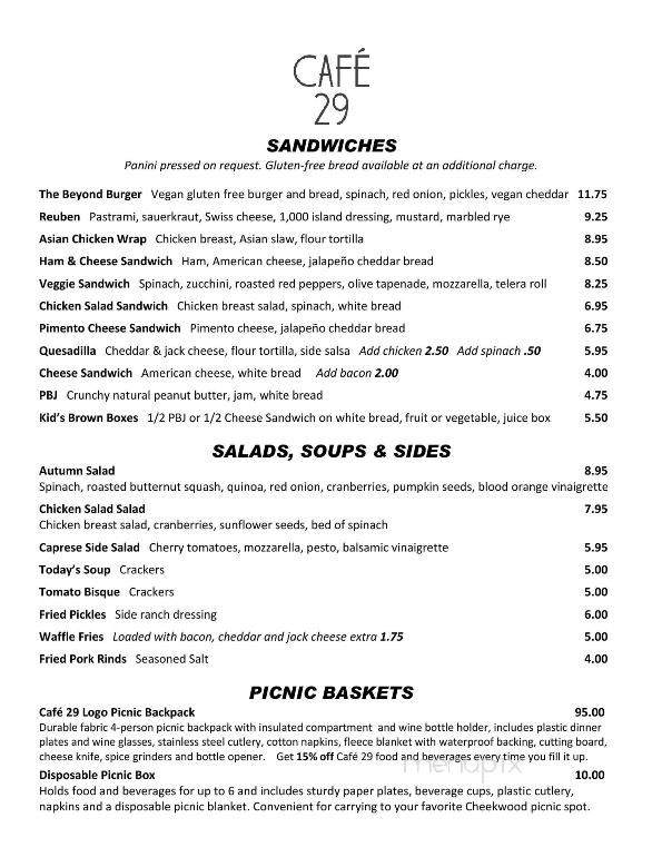 Cafe 29 - Nashville, TN menu_pic