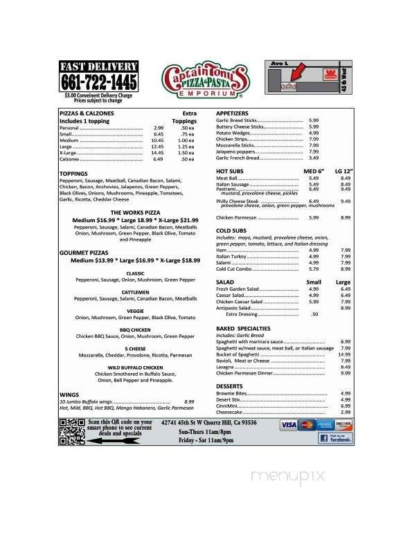 Captain Tony's Pizza & Pasta - Quartz Hill, CA menu_pic