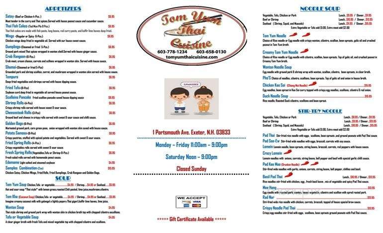 Tom Yum Thai Cuisine - Exeter, NH menu_pic