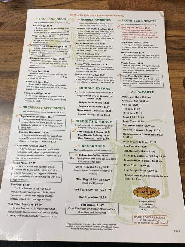 The Grain Bin Restaurant - Chanute, KS menu_pic