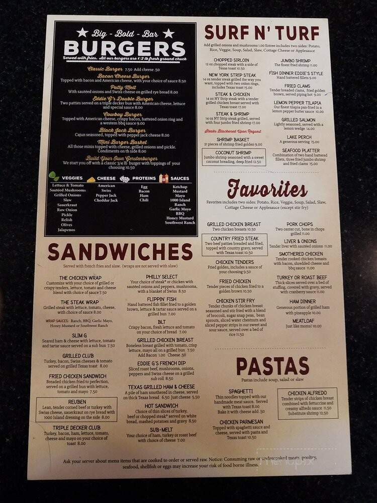 Menu of Eddie G's in Marlette, MI 48453