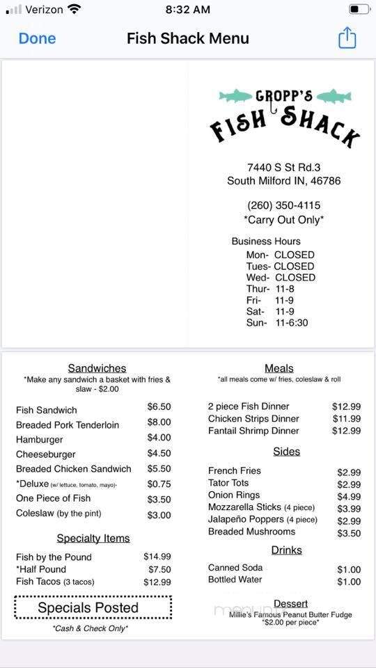 Gropp's Fish Shack - South Milford, IN menu_pic