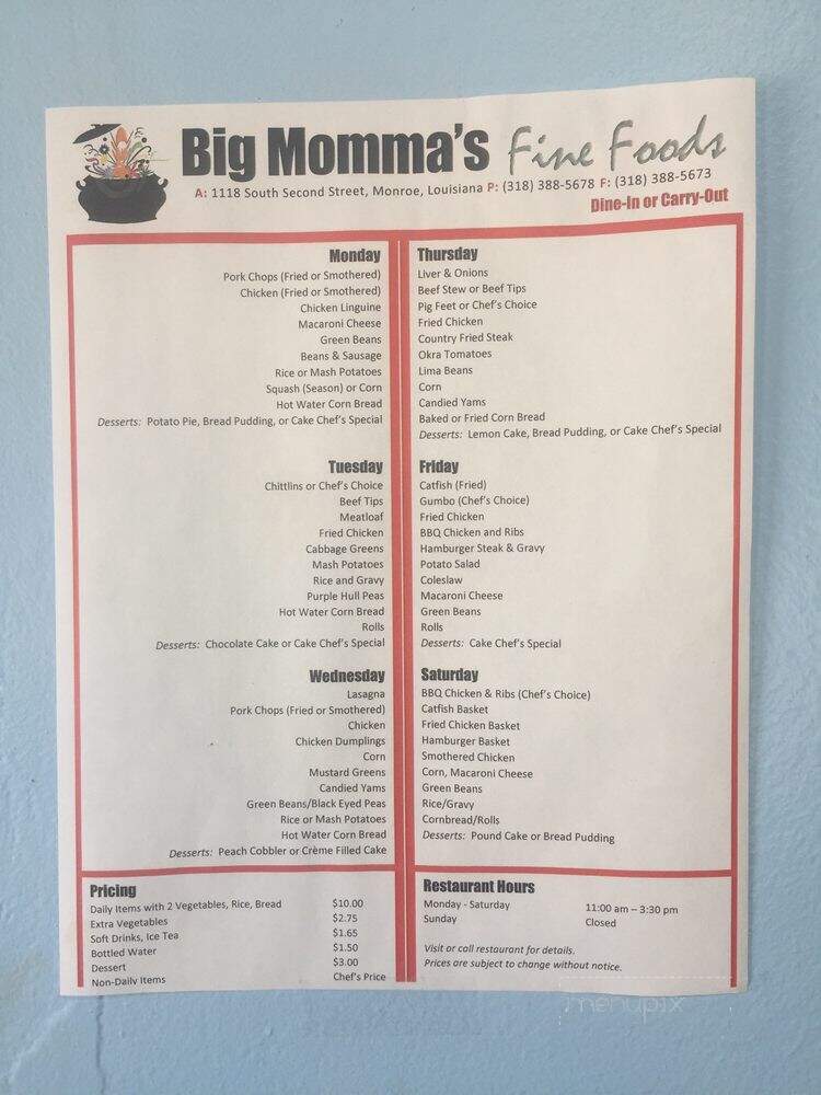 Big Mama's Fine Foods - Monroe, LA menu_pic