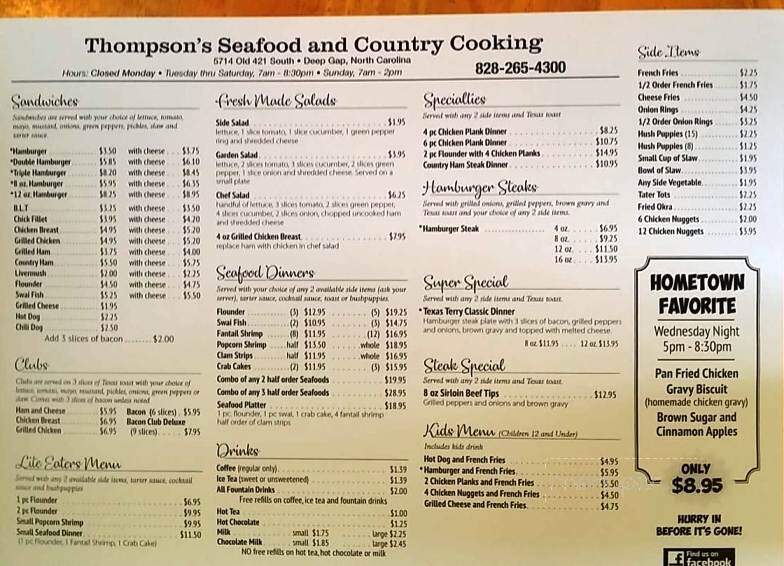 Menu Of Thompson S Seafood In Deep Gap Nc 28618