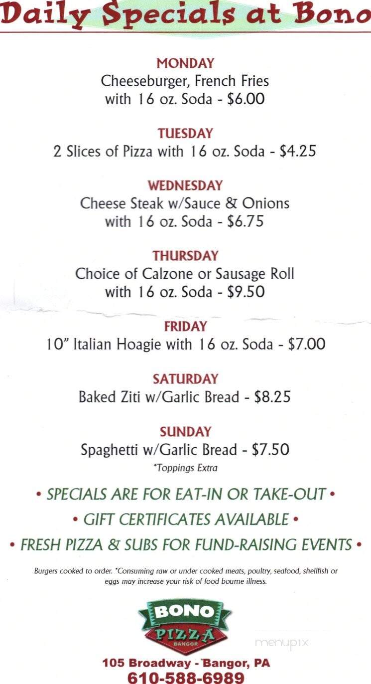 Bono Pizza USA - Mount Bethel, PA menu_pic