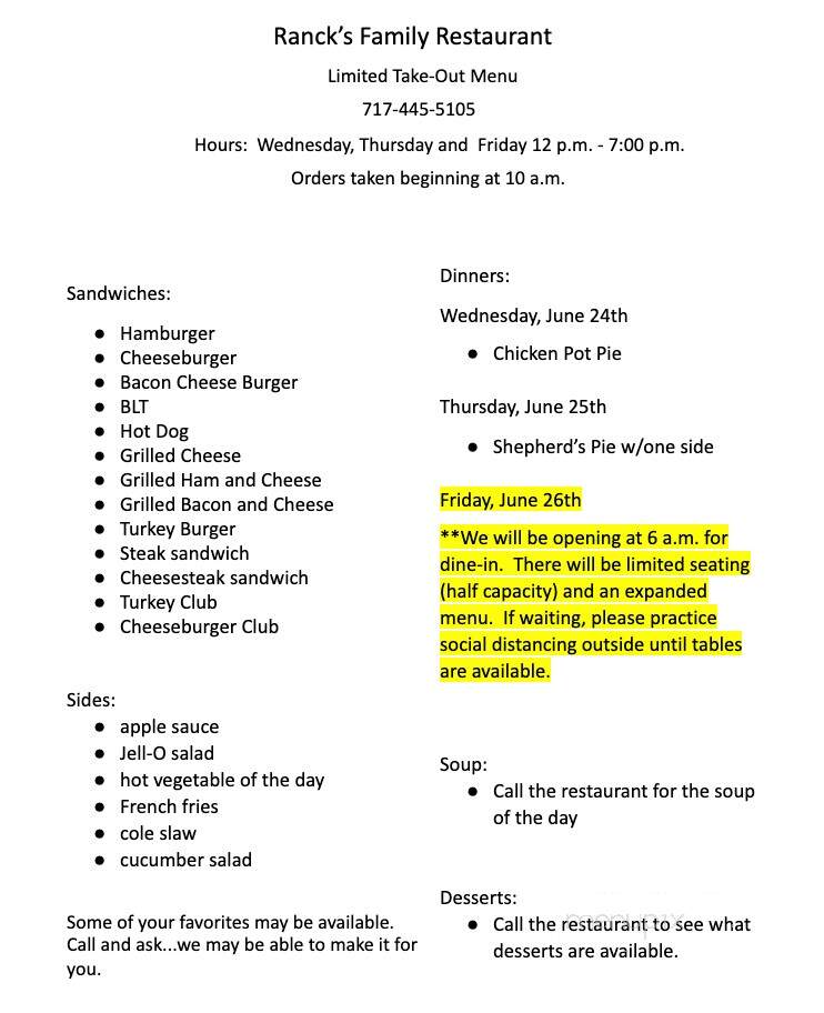 Ranck's Family Restaurant - Bowmansville, PA menu_pic