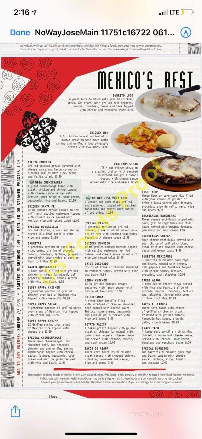 No Way Jose Restaurant - West Point, MS menu_pic