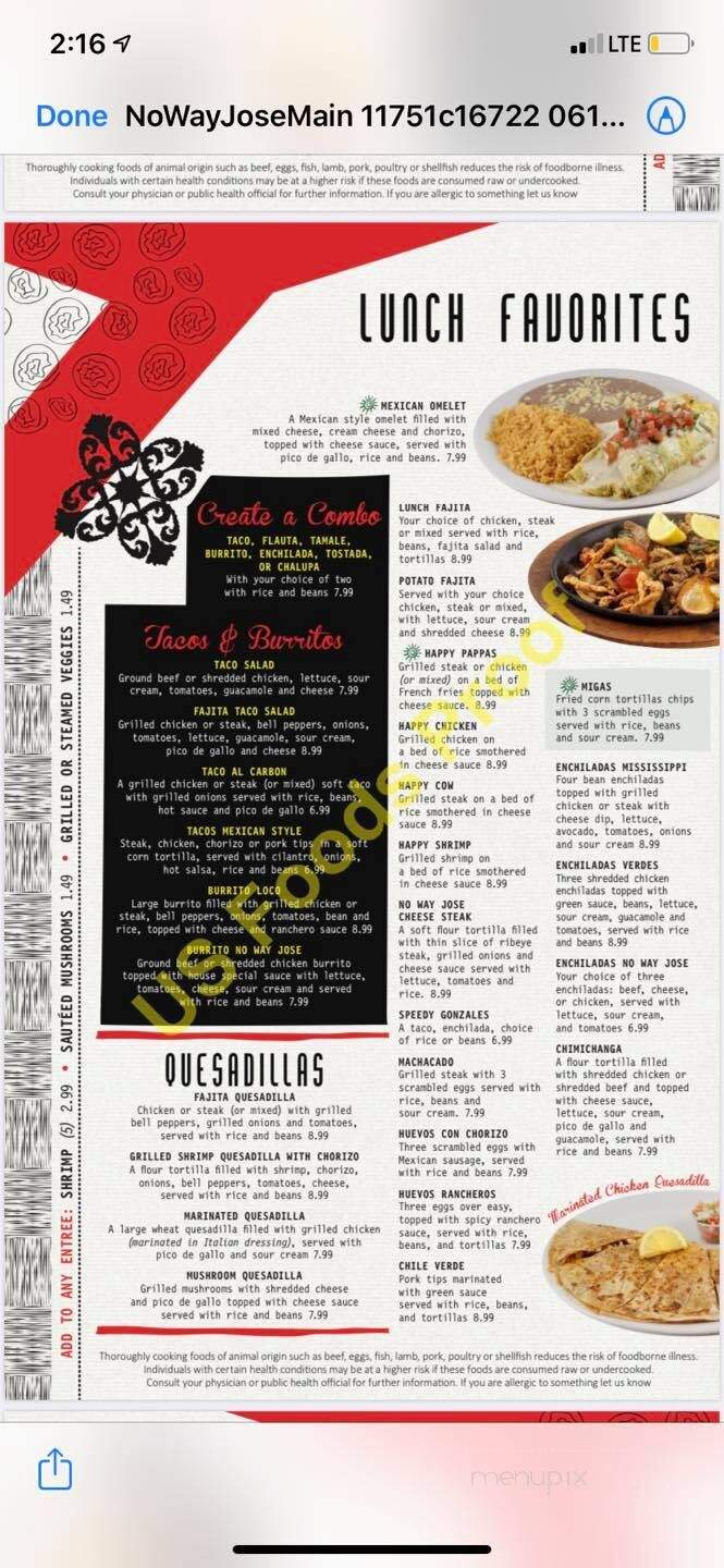 No Way Jose Restaurant - West Point, MS menu_pic
