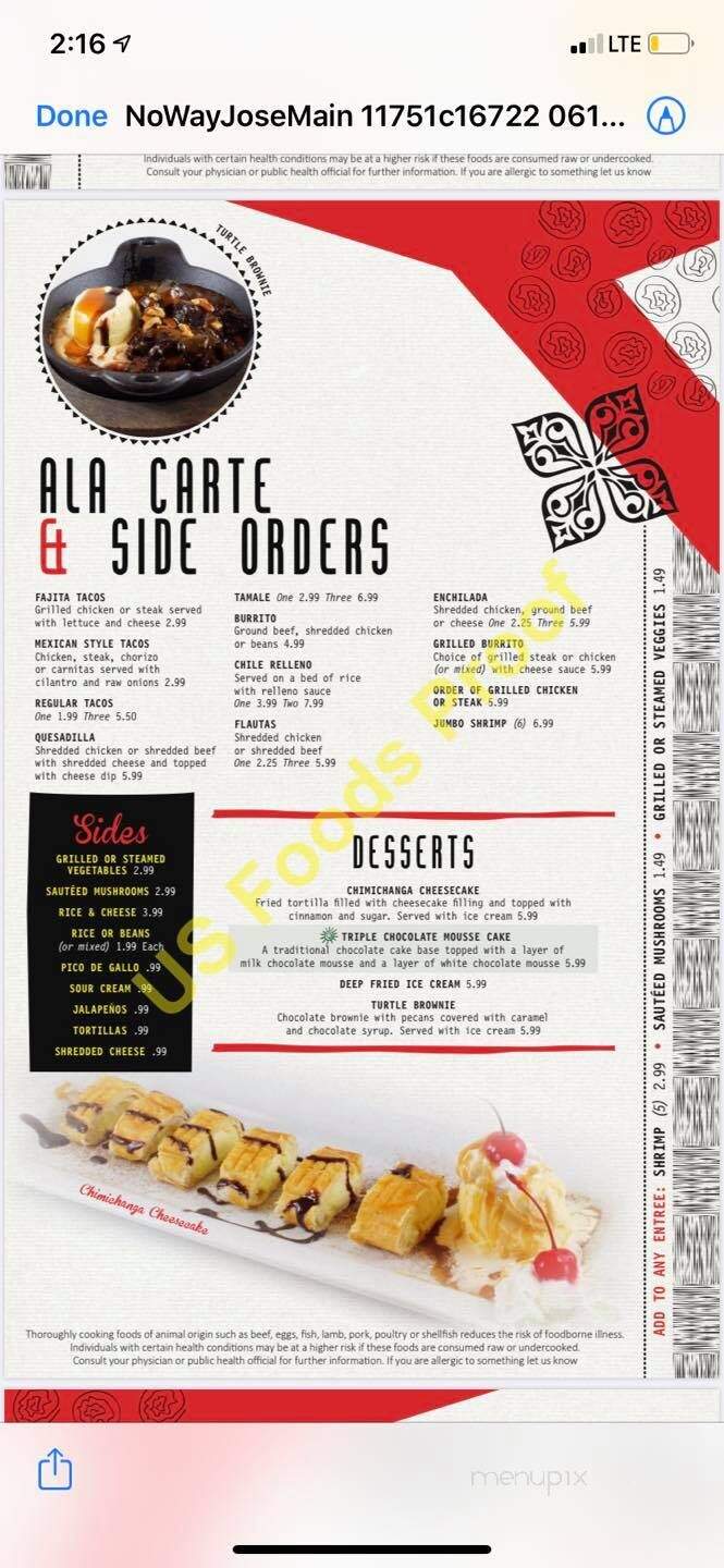 No Way Jose Restaurant - West Point, MS menu_pic
