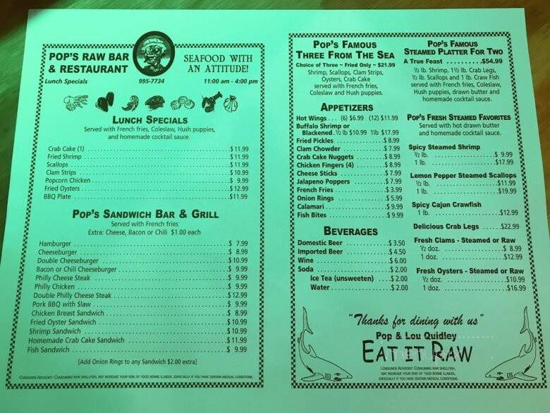 Pop's Raw Bar - Buxton, NC menu_pic