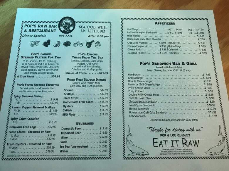 Pop's Raw Bar - Buxton, NC menu_pic