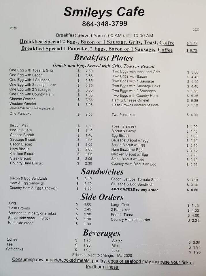 Smiley's Cafe - Iva, SC menu_pic