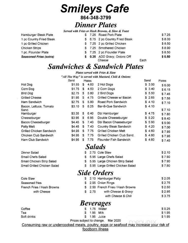 Smiley's Cafe - Iva, SC menu_pic