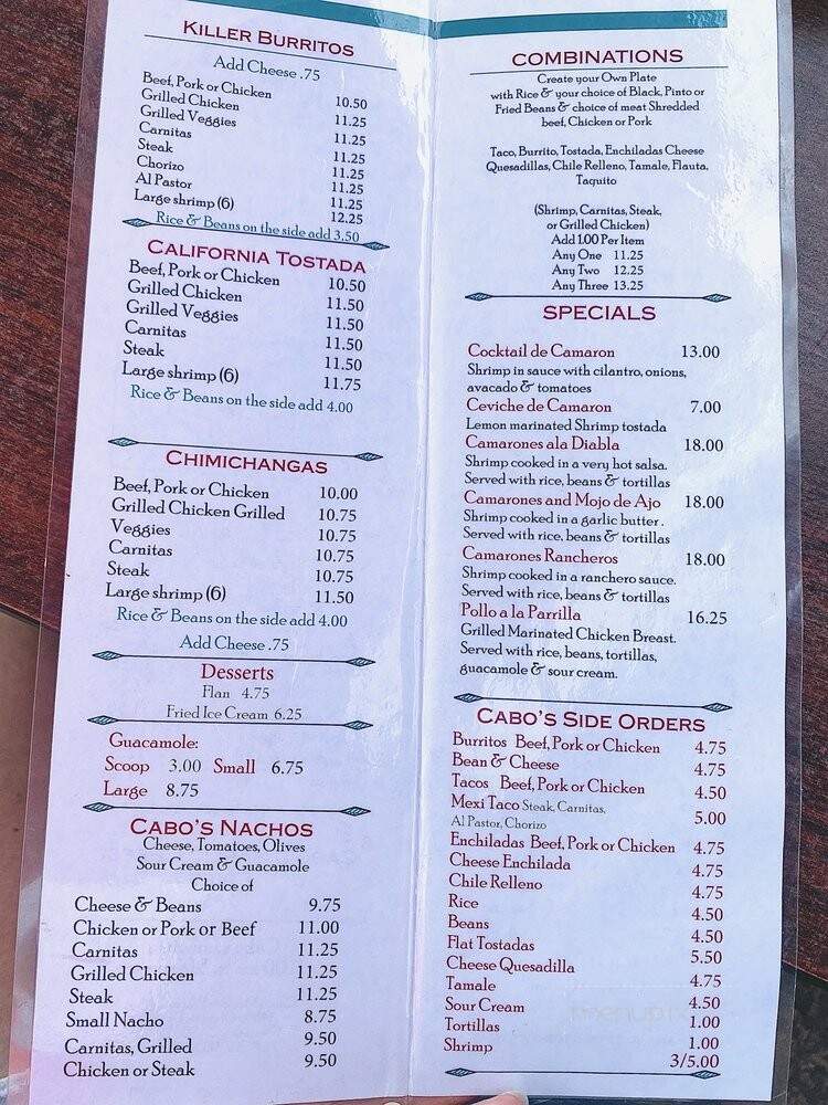 Cabos - Clearlake, CA menu_pic