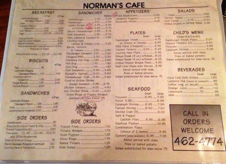 Norman's Cafe - Vale, NC menu_pic