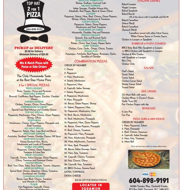 Menu of Top Hat Pizza in Squamish, BC BC V0N