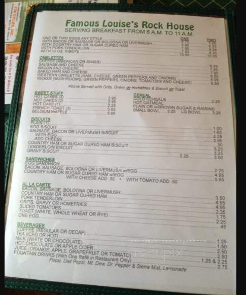 Famous Louise's Rock House - Newland, NC menu_pic