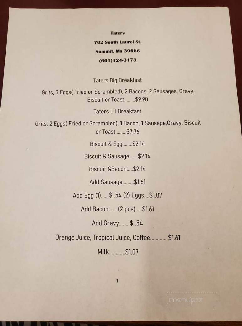 Taters - Summit, MS menu_pic