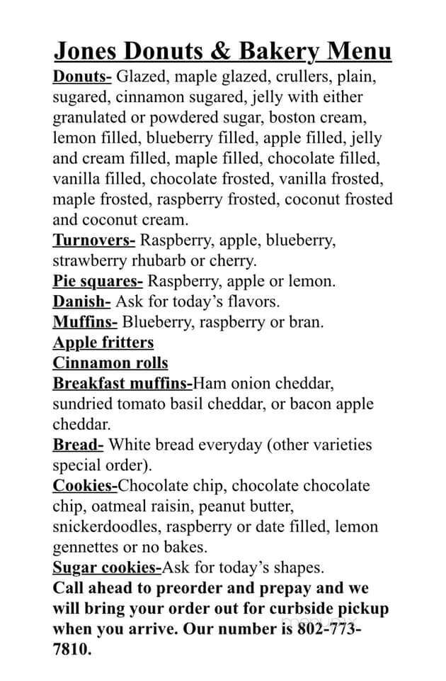 Jones Donuts & Bakery - Rutland, VT menu_pic