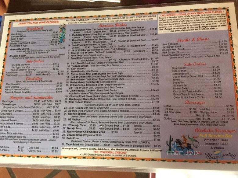 Romo's Restaurant - Holbrook, AZ menu_pic
