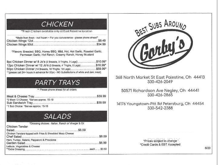 Gorby's - Negley, OH menu_pic