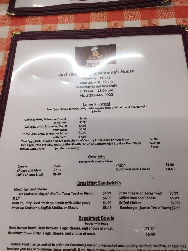 James Grill & Cafe - Denham Springs, LA menu_pic