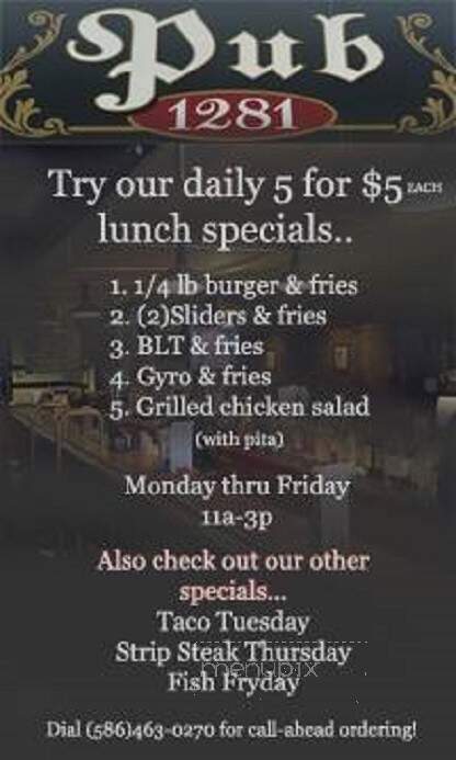 Pub 1281 - Clinton Township, MI menu_pic