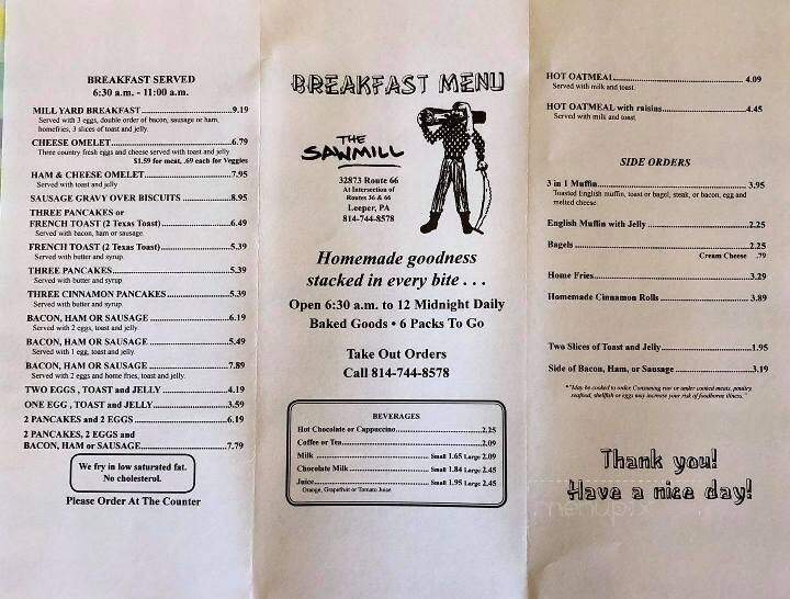Sawmill - Leeper, PA menu_pic