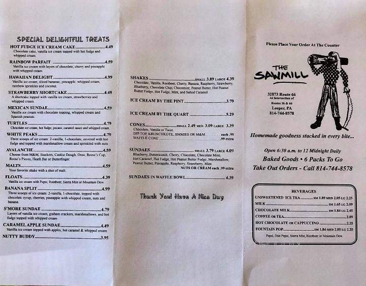 Sawmill - Leeper, PA menu_pic
