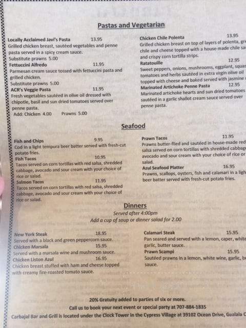 Cove Azul Bar & Grill - Gualala, CA menu_pic