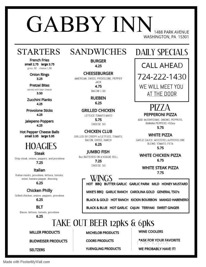Gabby Inn - Washington, PA menu_pic