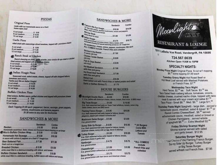 Moonlight Inn - Vandergrift, PA menu_pic